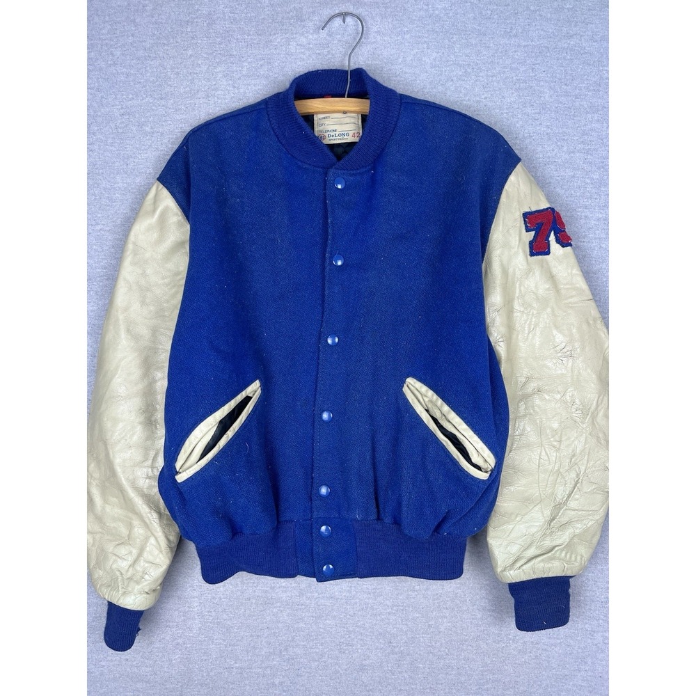 Vintage DeLONG Sportswear Varsity Letterman Jacket Blue Leather Wool 79 Patch 42